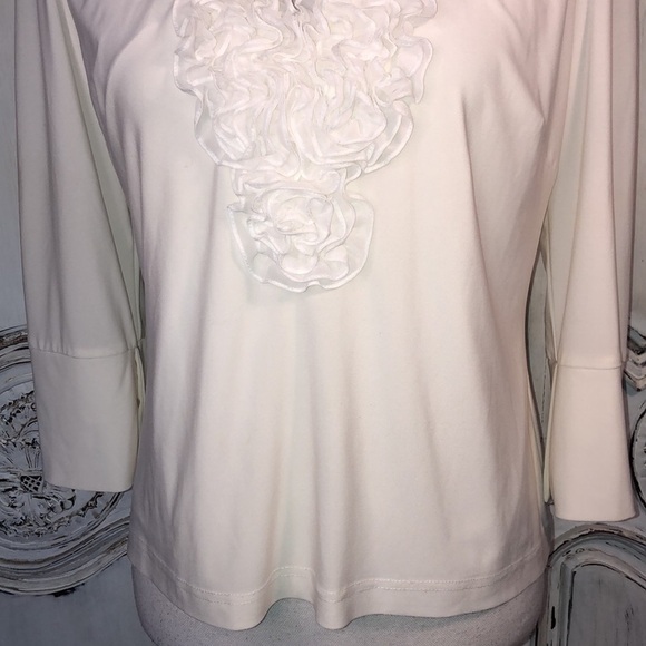 Andre’ Oliver Jersey Knit Multi Layered Ruffle Neckline Mid Sleeve Popover Top - Picture 4 of 11